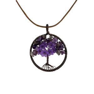 Amethyst Tree of Life Necklace Copper Wire Wrapped Brown Vegan Leather Cord